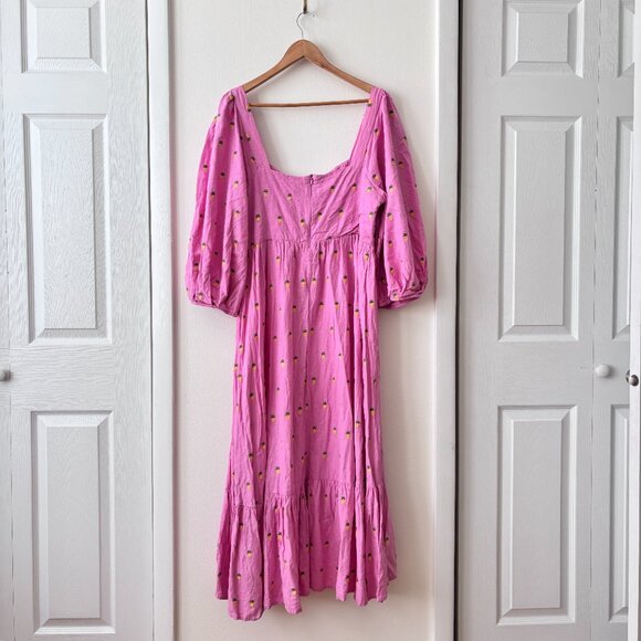 FARM Rio Pink Embroidered Pineapples Puff Sleeve Midi Dress - Picture 10 of 11